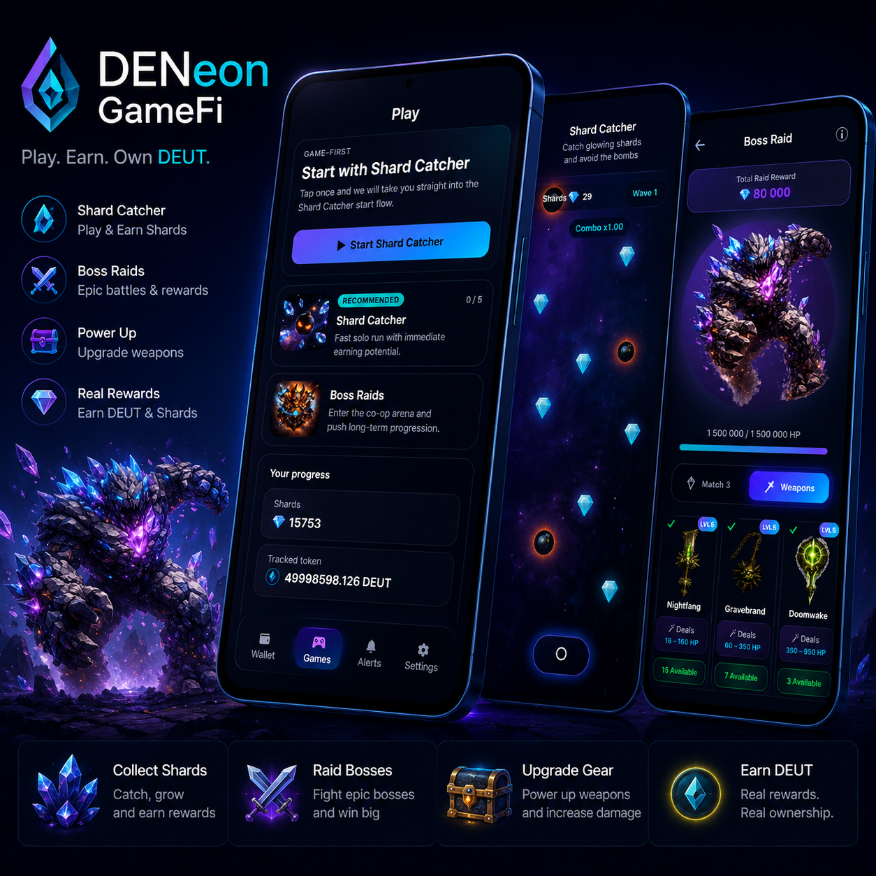 DENeon GameFi Telegram Mini App with Shard Catcher and Boss Raids
